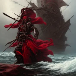 a pirate warrior in dark red and black full battle armor, a highly detailed illustration, background of giant crashing ocean waves, realistic render, 8 k, micro detail, intricate, elegant, centered, digital painting, Artstation, smooth, sharp focus, illustration, artgerm, tomasz alen kopera, peter mohrbacher, donato giancola, joseph christian leyendecker, wlop, boris vallejo