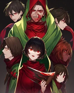 Wearing a green hood, short brown hair, glowing red eyes, blood on his cheek, dark background reminiscent of a nightmare, Psychopathic smile while holding a red knife, wears a red scarf, facing the screen showing only his face and neck, Man, art style: Anime manga.