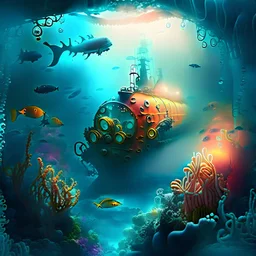 highly detailed, an image of a submarine underwater, vibrant sea life, foggy view, light effects around submarine, corals, octopus