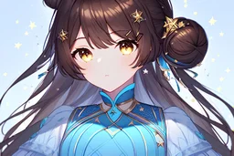 A beautifully detailed digital portrait of one women with a dreamy demeanour, featuring dark brown hair in a bun with stars as hair clips, sparkly golden eyes, The women is wearing a detailed yellow and light blue dress of delicate fabric and soft colours, adorned with patterns and accessories. close-up. light blue, white, starry sky