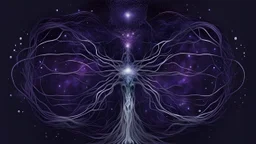 A minimalist abstract 2d digital art graphic and ink montage,. Deep dark purple background with pale neural network and galaxy background, human nervous system with fade little lights , white-dark blue-pale gray and black colors, Clean composition with strange surreal vibe, emotional, abstractions, neurodivergens soul and mind, cinematic, thriller, human dark shilouette floatings