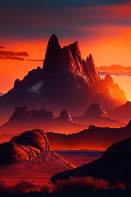 big rock mountains with and orange dawn sky with no clouds