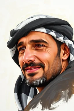 A Palestinian man, thirty years old, wearing a keffiyeh, has a beautiful face, turns his face to the right, has a slight smile, his mouth is closed and his teeth are not visible, his eyes are looking to the left, he appears to be drawn with oil paints