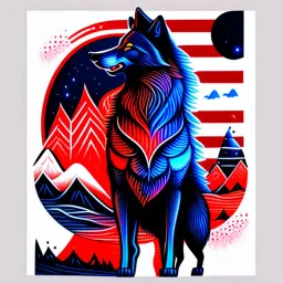 anthropomorphic wolf full body art illustration black background red, blue and white color full body