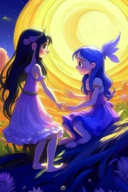 Pixar tarzı İki yakın arkadaş(iki küçük kız) biri pembe ve diğeri mor elbise giyiyor mor elbiseli oturan pembe elbiseli kıza yardım ediyor arkaplan olarak ay ve güneş karışımı bir gezegen