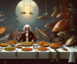 supper, fish sit at the table and eat pieces of people.