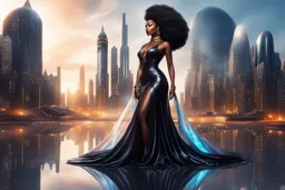 CHARACTER African queen, Elemental Goddess, Afrofuturistic Woman, Regal MuseMODEL Black Woman, Fantasy Figure, Contemporary Portrait, Elegant FemaleOBJECT City Skyline, Molten Liquid, Liquid Dress, Reflection, Futuristic City, Elegant Gown, Fine Art, Fantasy Landscape
