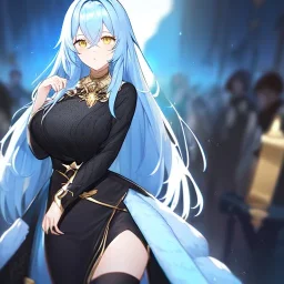 Clear focus, High resolution, Long light blue fluffy hair, hair between eyes, yellow eyes, wearing black fabric shorts, detailed outfit, blue and black outfit, gold accessory