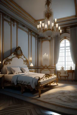 Create an image of a luxurious, feminine Rococo-style bedroom in 8K ultra high-definition, featuring cinematic lighting and octane rendering for hyperrealism, akin to Unreal Engine graphics. The perspective is intimate and close-up, prominently displaying the front wall which is uniquely bare and minimalist, offering a striking contrast to the richly detailed Rococo interior. The room's color scheme is soft, with muted pastel pinks and blues, accented with specific colors: teal (#244a49), dusty