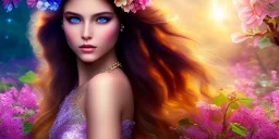 bright fairy, beautiful portrait, flowery landscape