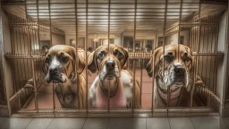 wide angle shot of dogs crying in cages at indian hotel front desk