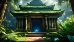 A magical portal leading to a hidden world where all the "missing episodes" unfold. Creatures, characters, and scenes from these unseen adventures peek out from the portal temple cambodia jungle palms, inviting viewers into the mystical tales. highly detailed eyes and hands and lips, HDR, 8K, ultra detailed, High quality