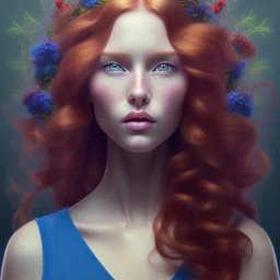 Perfect flawless Beautiful red-haired girl with gorgeous long curly hair and blue eyes in a wreath of hyper-realistic Rowan on her head, no mistakes, flawless painting, beautiful art, realistic, hyper-realistic, life-like; by Ricardo Chavez-Mendez; Deep Colors; 8K