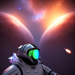 portrait with jetpacks in chapel floating up into the galaxy, lights, fog, detailed, realistic, 4k, hi def, core planet, one hit, meteor swishing past