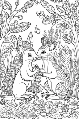 HAPPY NEW YEAR CELEBRATION coloring page for kids,Squirrel duo amid festive forest , thick outline, low details, no shading, no color