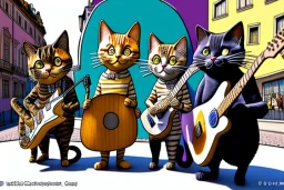 Group of three mature cats musicians, one cat playing guitar, one cat playing drums, one cat holding microphone and singing, street, Vienna, smiling, sunny day, model style, hyper realistic, extremely accurate, delicate, extremely detailed, Graphic novel style, wide-angle, open aperture, superfine pencil