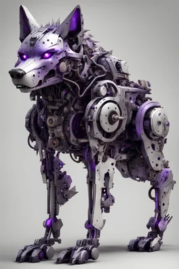 A full body mechanical wolf with purple eyes