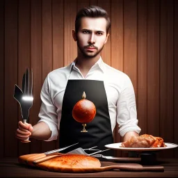 close up portrait of handsome man in front dark wooden statue of a cook, shiny fork and knifes on dinner table with cloth, fantasy art book cover