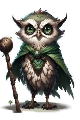 Northern Saw-whet Owlin Human Size Sorcerer from Dungeons and Dragons, young inexperienced, Magic staff