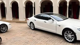 A Tesla's 'Model S Plaid' is racing at top speed, by the mansion of the 'Gone with the Wind' film. CINEMATIC. WIDE ANGLE LENS. PHOTO REAL.