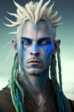 A tieffelin with blue skin and white Dreadlock hair. His pupil-less eyes are green. He wears a small beard. His horns are black and curved backwards. He wears a beige tunic.