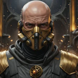 star wars bald male corellian pilot wearing pearlescent black and gunmetal grey First Order special forces heavy assault stealth commando armor and helmet with gold trim inside the jedi temple, hyperdetailed, dynamic lighting, hyperdetailed background, 8k resolution, volumetric lighting, light skin, fully symmetric details