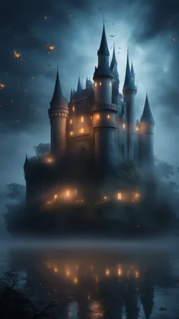 Hyper realistic huge haunted castle in a heavy foggy night with fireflies between an ocean