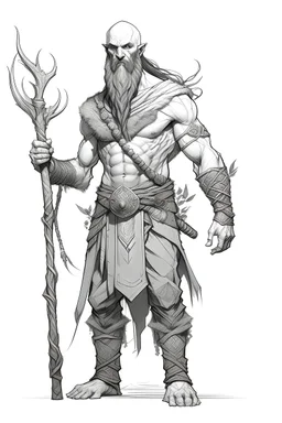 Full portrait, concept art with a pencil, white background, no color, Male, Druid, Goliath, Bald, no beard