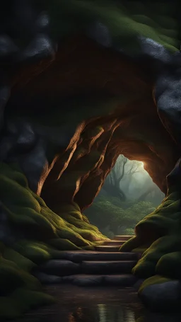 Cave entrance at the edge of the woods dark fantasy hyperrealistic 4k