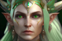 portrait d'une reine des elfes. Elle a la peau très claire. On voit ses veines sous sa peau. Ses cils, ses sourcils et ses cheveux sont verts. Ses pupilles sont uniques. Elle a un regard froid et fronce les sourcils. La moitié de son crâne est rasé. Elle porte des ornements. Haute résolution. 4K. 8K. Style fantasy.