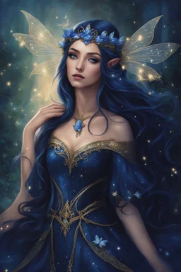 Midnight blue,Dark blue hair,night,dark fairy princess ,elven crown,elven ears,sparkle,glitter,gold armor,dragonflies,rapunzel hair,water lilies