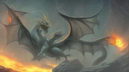 The flat walls of the chamber are decorated with shallow abstract carvings of dragons. A five-headed dragon, rising from an erupting volcano. Other dragons, which seem dwarfed by the five-headed monstrosity, flock to its side.