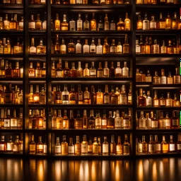 photography of many different whiskey bottles from an upward angle inside a mirrored box. golden lights and reflections. 80 mm lens. satellite view