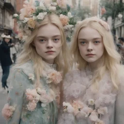 Elle fanning and dakota fanning as flowers, in the street, kodachrome