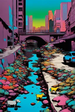 painting of a cyberpunk colourful natural walkway rubbish on the street in the city with pollution and a small bridge by a creek with electric sheep and androids by andy warhol