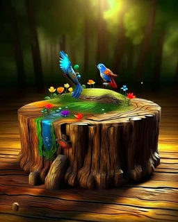 🛠️ Tool: ChatGPT 👉 Prompt used: "Ultra-realistic surreal macro scene of a broken tree stump placed on a wooden surface, its hollow interior transformed into a vivid miniature landscape featuring a winding dirt path leading through lush green grass, small flowering plants, and delicate trees under a soft glowing sky; two colorful birds—one blue and yellow, one red and brown—perch on either side of the path, adding life and contrast; above the scene, a large sharpened wooden pencil hovers diagon