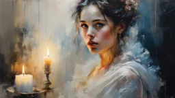 Portrait of a stunningly beautiful woman made of tulle, detailed fabric painting, Candlelight Insanely detailed painting by Pino Daeni, Jeremy Mann, Carne_Griffiths, Vadim Kashin, James Gurney, texture, 16k resolution, fine art, natural light, beautiful