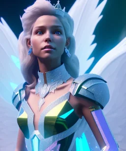 A smiling crystalised queen, atmospheric, realistic, unreal engine, cinematic lighting, octane render. blue, pink, transparency, light, shine,bright, full body, transparent wings, blonde, long hair, nice smile