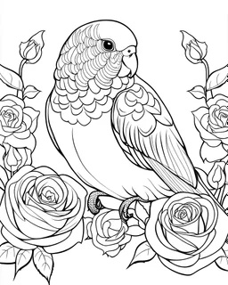 B/W outline art,coloring book page, full white, super detailed illustration for adult,"Budgie love Affection for Flowers and Roses", crisp line, line art, high resolution,cartoon style, smooth, low details, no shading, no fill, white background, clean line art,low background details, Sketch style.