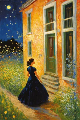 Night, vegetations, flowers, one woman, house, distant buildings, theodor philipsen, and claude monet paintings