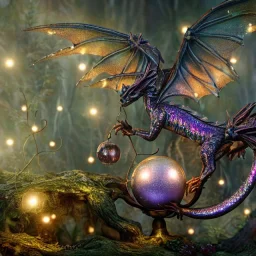 closeup of stunning, cute baby dragon with iridescent wings and glittery scales in forest with globes of light, flowers, 8k resolution, 3D octane render, intricate, sharp, crisp, digital art, detailed matte, volumetric lighting George Grie, Anne Dittman, Anne Stokes, Lisa Parker, Selina French, greg rutowski