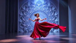 modern stage with gray-blue theme artistic decoration , color full dynamic lighting, a beautiful lady in modern maxy dark purple red dress with shining silver jwells dancing, 3D recursive fractal structure animating background