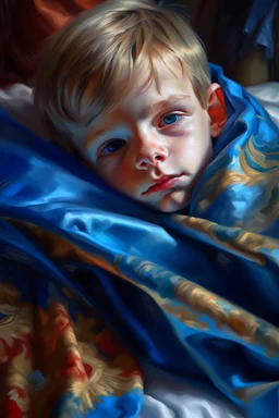 cover illustration, oil painting portrait of metallic sleeping slightly cute smirking innocent blue eyed vampire on a towel, bokeh , high detail, smooth render, prize winning, down light, depth of field, aura, in wind