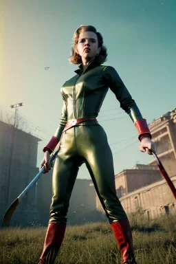 retro portrait image from 1960, Moscow background, wind, long hair, fighting stance, sweet young Scarlett Johansson, classic black tight lycra suit, metal short stick weapon, gold bracelet and belt, high heel boots, soft color, highly detailed, unreal engine 5, ray tracing, RTX, lumen lighting, ultra detail, volumetric lighting, 3d, finely drawn, high definition, high resolution.