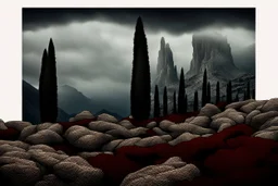 mountains, a gloomy rocky landscape, cypresses stretching up in the foreground, rocks and a bloody sky in the background