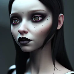 Female Jenna ortega black dress,soft goth libstick, wednesday addams family make up, brad double wig, dramatic lighting, highly detailed, volumetric lighting, unreal engine, 8k