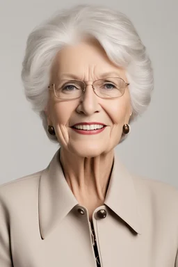 Portrait of an 76 year old democratic female president from Illinois. She has white hair and brown eyes. She looks professional