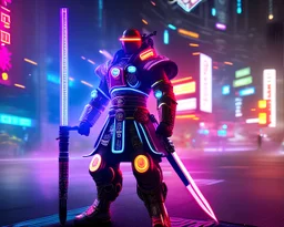 cyber samurai with cyber glowing swords, cyberpunk, full body, realistic, intricately detailed, neon lighting, vivid colors, neon, 64k