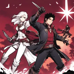 [illustration for wii No More Heroes style with thick lines] Epic adventures intertwine with magic and passion. Heroes and heroines battle, fall in love, and explore uncharted worlds where magic, strength, and seduction become integral parts of their fate.