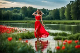 shot from front ,green field and wild flower field ,(A German beauty , with a melon seed face and wearing a red camisole skirt. She has a slender figure, beautiful makeup,very nice eyes looking around and elegant temperament walking and whisppering a song with emotions in water toward camera in trees next to wavy river with clear water and nice sands in floor.camera capture from her full body front, spring blosom walking to camera ,wild flowers moving in the wind ,blue sky,moving pretty clouds ,